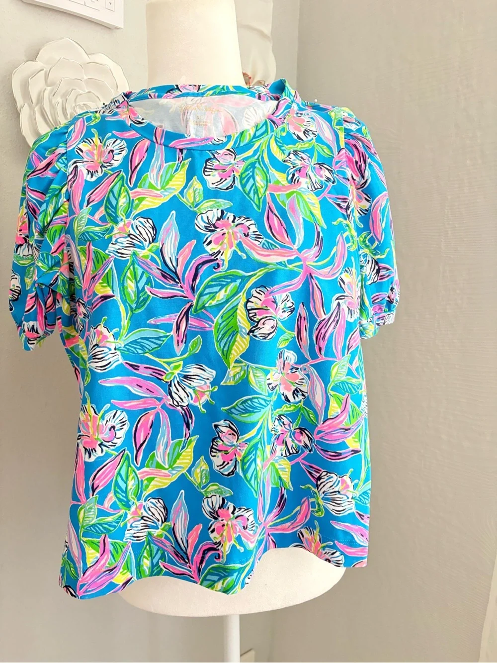 Lilly Pulitzer Turquoise Floral Puff-Sleeve Top